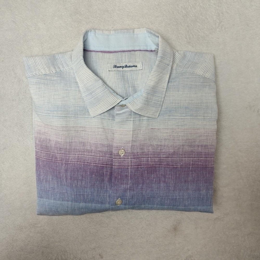 Tommy Bahama Shirt Mens XL Blue Striped Sunset Ombre Linen Polyester Island zone